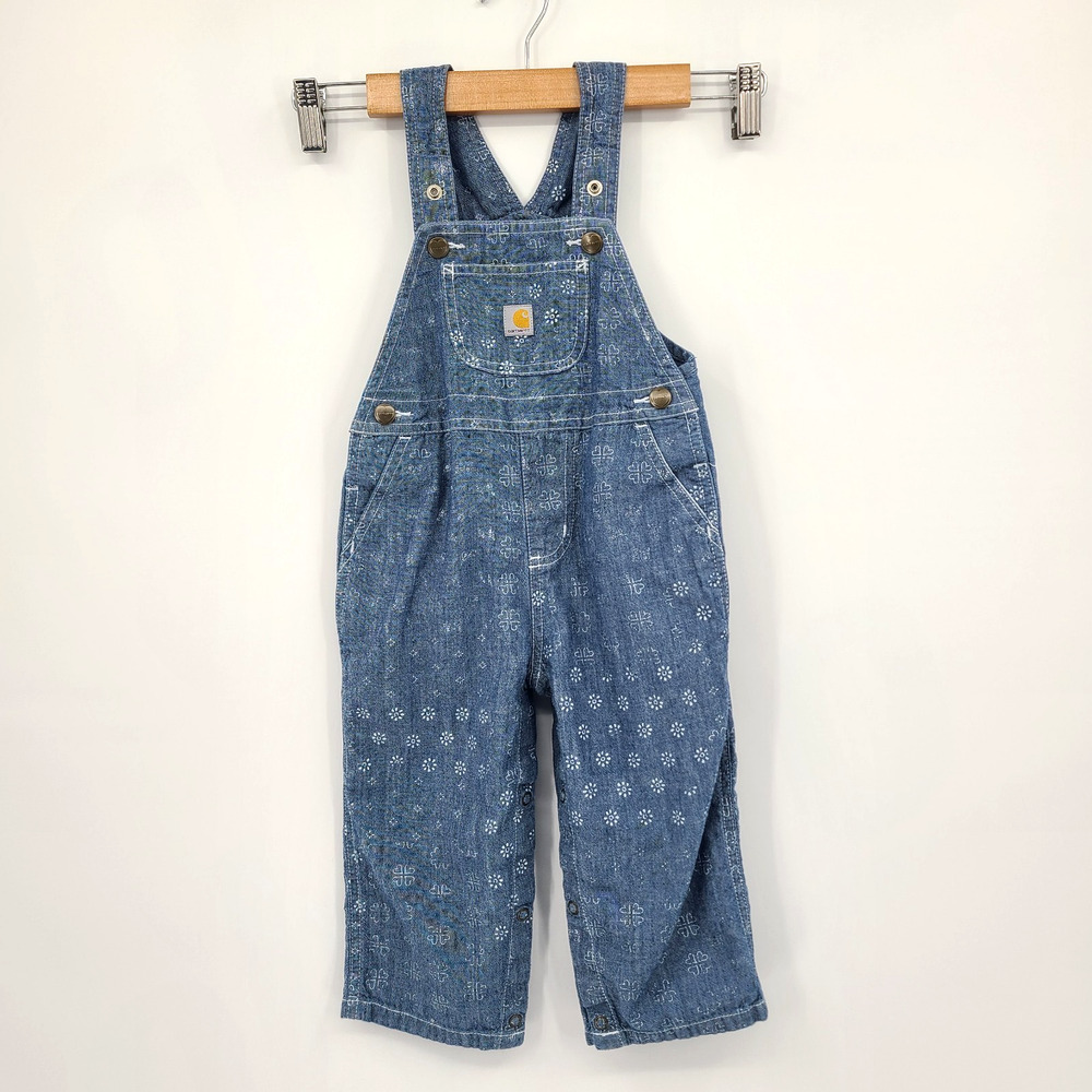 Carhartt Baby Girls Snap Overall Bibs Blue Chambray Floral Geo Size 24 Months